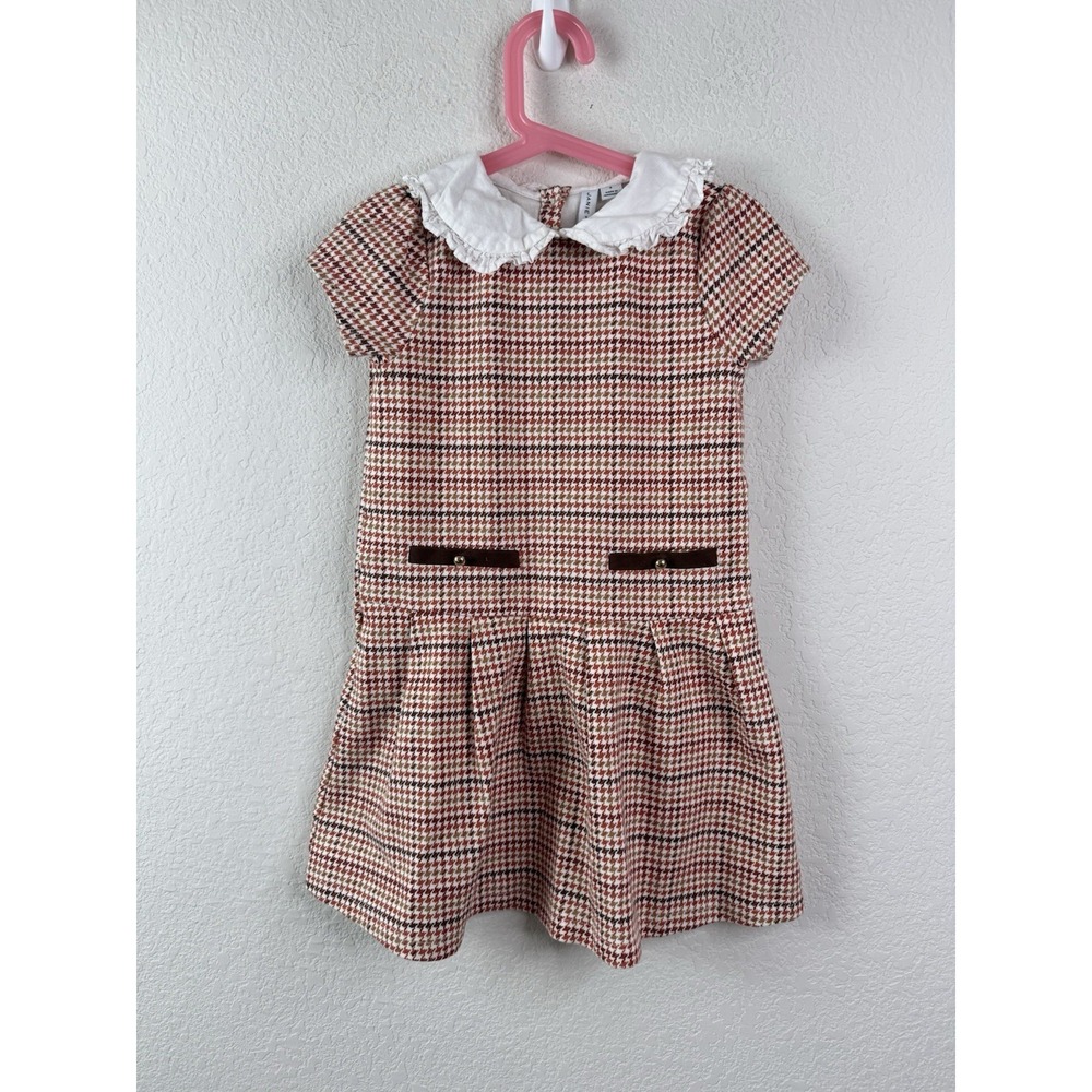 Janie and Jack Girls Houndstooth Dress Sz 6 Brown White Peter Pan Collar Pleated
